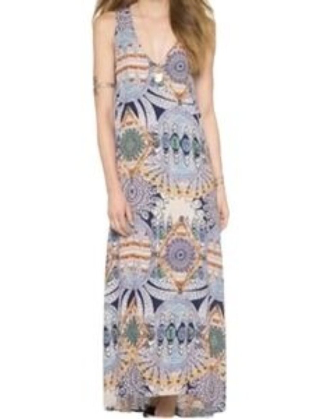 Flynn Skye Market Maxi Dress Boho Feather Print Size L